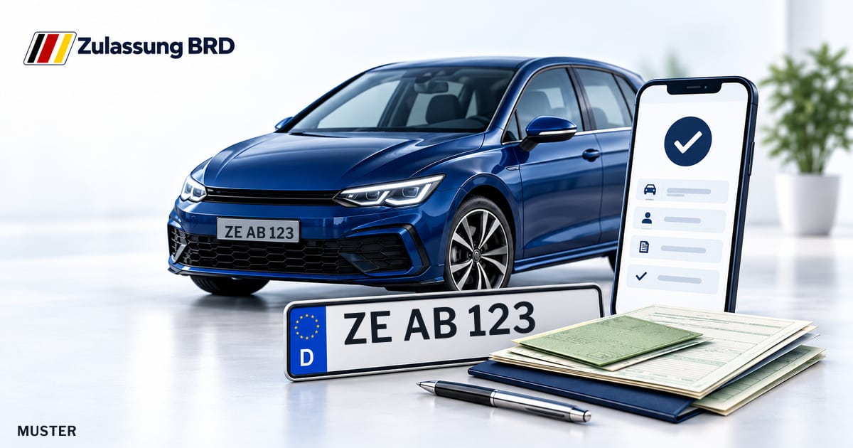 Online Fahrzeugzulassung in Bitterfeld-Wolfen: Musterkennzeichen ZE AB 123, Auto und Fahrzeugpapiere und Smartphone. Illustration mit Logo von Zulassung BRD.